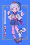  air_bubble bangs blue_background blue_eyes blue_footwear blue_hat blue_sailor_collar braid bubble character_name english fish frame full_body gen_7_pokemon grey_hair hands_up hat highres knees long_sleeves looking_at_viewer mameeekueya moemon personification pokemon pokemon_(creature) sailor_collar shirt short_hair shorts simple_background symbol-shaped_pupils tears underwater wishiwashi 