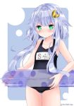  ass_visible_through_thighs bangs bare_arms bare_shoulders black_swimsuit blush closed_mouth cowboy_shot crescent crescent_hair_ornament eyebrows_visible_through_hair green_eyes hair_between_eyes hair_flaps hair_ornament innertube kantai_collection long_hair looking_at_viewer name_tag nanase_nao old_school_swimsuit one-piece_swimsuit polka_dot polka_dot_innertube purple_innertube school_swimsuit short_hair_with_long_locks silver_hair solo swimsuit thigh_gap transparent twitter_username very_long_hair yayoi_(kantai_collection) 