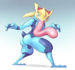  alternate_species anthro blonde_hair butt clothed clothing female gradient_background green_eyes greninja hair long_tongue looking_back metroid nintendo pok&eacute;mon pok&eacute;mon_(species) samus_aran simple_background skinsuit solo subakitsu surprise tight_clothing tongue tongue_out video_games zero_suit 