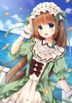  :d bangs black_bow blue_eyes blue_sky blunt_bangs blush bow brown_hair cloud commentary_request day dress eyebrows_visible_through_hair frilled_hairband frills fujikura_ryuune green_bow green_dress hairband head_tilt horizon lolita_fashion long_hair looking_at_viewer ocean open_mouth original outdoors petals puffy_short_sleeves puffy_sleeves railing ribbon-trimmed_hairband ribbon_trim short_sleeves sky smile solo very_long_hair water white_hairband wrist_cuffs 