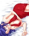  bed blue_hair breasts cecile_croomy chiwa_(phywa) cleavage code_geass dress huge_breasts jewelry necklace red_dress saliva short_hair sideboob sleeping solo 