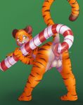  2018 anal anal_penetration anal_prolapse anthro balls blush candy candy_cane feline food green_background hi_res improvised_sex_toy large_penetration looking_at_viewer male mammal masturbation penetration penis prolapse simple_background slimefur solo tiger toying_self tygre 