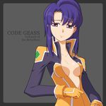  blue_eyes blue_hair cecile_croomy code_geass copyright_name dressing lowres open_clothes open_shirt pilot_suit plunging_neckline purple_hair shirt short_hair solo unzipping yuichirou 