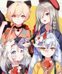  :d beret blonde_hair blue_eyes blush candy_apple character_mask choker commentary eating floral_print food fox_mask g36c_(girls_frontline) girls_frontline grin hair_bun hair_over_one_eye hat highres japanese_clothes kimono long_hair mask mask_on_head mp5_(girls_frontline) multiple_girls open_mouth orange_eyes ots-14_(girls_frontline) pkp_(girls_frontline) red_eyes signature smile sunglasses thompson_submachine_gun_(girls_frontline) tosyeo white_hair yukata 