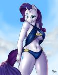  2018 absurd_res anthro bikini blue_eyes breasts brushstroke clothed clothing cloud cutie_mark equine eyebrows eyelashes eyeshadow female friendship_is_magic hair half-closed_eyes hi_res horn looking_at_viewer makeup mammal mascara my_little_pony navel outside portrait pose purple_hair raised_eyebrow rarity_(mlp) signature sky smile solo standing swimsuit three-quarter_portrait unicorn 