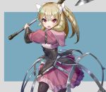  axe blonde_hair blue_background bow corset cowboy_shot dress drill_hair fire_emblem fire_emblem:_kakusei grey_background hair_bow looking_at_viewer mariabel_(fire_emblem) open_mouth red_eyes short_hair simple_background solo tenrai two-tone_background 