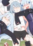  3girls artist_name beer_can blue_hair blush boca can clone commentary dilated_pupils drunk facepaint g11_(girls_frontline) girls_frontline gloves green_eyes grey_hair hair_ornament hairclip hk416_(girls_frontline) long_hair long_sleeves lying multiple_girls nose_blush on_back on_bed open_mouth saliva shorts sleeping spoken_ellipsis triangle_mouth white_gloves 