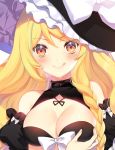  1girl :&gt; adapted_costume bare_shoulders black_hat blonde_hair blush bow braid breast_grab breasts cleavage cleavage_cutout commentary_request detached_sleeves eyebrows_visible_through_hair eyelashes grabbing grabbing_own_breast hat hat_bow kirisame_marisa large_breasts long_hair looking_at_viewer orange_eyes out_of_frame puffy_short_sleeves puffy_sleeves roh_nam_kyung short_sleeves side_braid simple_background single_braid solo_focus tongue tongue_out touhou upper_body white_background white_bow witch_hat 