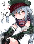  blush commentary g11_(girls_frontline) girls_frontline grey_hair hat heart highres jacket long_hair long_sleeves orange_eyes parted_lips pillow pillow_hug simple_background solo tosyeo white_background 