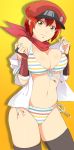  1girl ae-3803 ahoge bandage bikini black_leggings breasts gauntlets hat hataraku_saibou large_breasts looking_at_viewer open_clothes open_shirt red_hair red_hat red_scarf scarf shirt short_hair striped striped_bikini swimsuit white_shirt yellow_eyes 