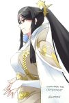  black_hair breasts brown_eyes cloak commission corset dress english fingerless_gloves fire_emblem fire_emblem_if gloves hair_ornament hands_together highres large_breasts long_hair mikoto_(fire_emblem_if) mole mole_under_mouth ponytail profile shoulder_armor simple_background skeptycally solo twitter_username upper_body white_background white_gloves 