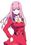  blue_eyes darling_in_the_franxx dress floating_hair hairband highres horns long_hair looking_at_viewer necktie pastachiiiiin pink_hair red_dress shiny shiny_hair short_necktie simple_background smile solo standing uniform white_background white_hairband yellow_neckwear zero_two_(darling_in_the_franxx) 