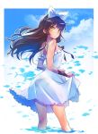  black_hair black_ribbon blake_belladonna bow commentary_request dress hair_bow highres iesupa long_hair ribbon rwby solo translucent_dress water white_ribbon yellow_eyes 