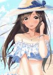  bare_shoulders beach black_eyes black_hair blue_ribbon bracelet cloud collarbone commentary crop_top day eyebrows_visible_through_hair floral_print frills hair_tucking hand_up hat hat_ribbon jewelry kinugasa_yuuichi lace-trimmed_hat light_blush long_hair looking_at_viewer midriff necklace original outdoors parted_lips ribbon smile solo sparkle strapless sun_hat upper_body 
