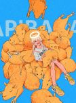  :d ^_^ absurdres animal bangs blonde_hair blue_background capybara closed_eyes collarbone flock grey_shirt hair_over_one_eye halo highres knees_together_feet_apart long_hair open_mouth orange_footwear original shirt shoes short_sleeves sitting smile sneakers solo star straight_hair t-shirt too_many you_(nanban319) 