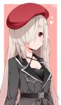  3: beret blonde_hair blush breast_pocket breasts character_name cleavage commentary g36c_(girls_frontline) girls_frontline hair_over_one_eye hat highres long_hair long_sleeves looking_at_viewer pocket red_eyes red_hat smile solo tosyeo upper_body 