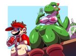  2018 abstract_background anthro areola blue_eyes breasts brown_hair clothed clothing collaboration digital_media_(artwork) duo fabianoferreira facial_hair female gloves greeen_skin green_yoshi hair holding_object human male mammal mario mario_bros mario_tennis_aces mustache nintendo nipples red_clothing scalie sssonic2 sweat video_games yoshi 