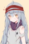  ahoge blush commentary g11_(girls_frontline) girls_frontline grey_hair headband highres long_hair looking_at_viewer orange_eyes parted_lips signature simple_background solo tosyeo 