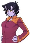  black_hair eyebrows_visible_through_hair frown hands_on_hips highres horns ittla jacket long_sleeves looking_away oni_horns orange_eyes original pointy_ears purple_skin short_hair sleeves_past_wrists slit_pupils solo thick_eyebrows transparent_background ume_(ittla) upper_body 