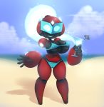  android beach beverage big_breasts bikini black_skin breasts camel_toe clothing detailed_background disembodied_hand ela elfdrago female glowing glowing_eyes glowing_hair humanoid machine nipples not_furry outside robot sand seaside short_stack solo swimsuit 