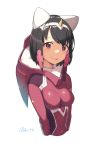  :p absurdres animal_ears artist_name bangs blush bodysuit breasts brown_hair cat_ears cleavage cloba commentary cosplay covered_navel darling_in_the_franxx flower hair_flower hair_ornament hairband heart heart-shaped_pupils highres horn long_sleeves looking_at_viewer medium_breasts original pilot_suit pink_eyes pink_flower red_bodysuit short_hair simple_background skin_tight smile solo symbol-shaped_pupils tongue tongue_out upper_body white_background white_hairband zero_two_(darling_in_the_franxx) zero_two_(darling_in_the_franxx)_(cosplay) 