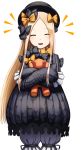  :d abigail_williams_(fate/grand_order) absurdres bangs black_bow black_dress black_hat blonde_hair bloomers bow bug butterfly closed_eyes commentary_request dress facing_viewer fate/grand_order fate_(series) forehead hair_bow hat highres insect long_hair long_sleeves notice_lines object_hug open_mouth orange_bow parted_bangs polka_dot polka_dot_bow sanbe_futoshi simple_background sleeves_past_fingers sleeves_past_wrists smile solo stuffed_animal stuffed_toy teddy_bear underwear upper_teeth very_long_hair white_background white_bloomers 