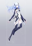  beatless black_legwear blue_hair bodysuit breasts chamooi cleavage cleavage_cutout fingerless_gloves floating_hair full_body gloves grey_background hair_between_eyes highres leicia long_hair parted_lips small_breasts solo thighhighs very_long_hair 
