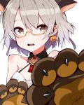  animal_ears blush brown_eyes commentary detached_collar earrings face fang girls_frontline glasses gloves jack-o'-lantern jack-o'-lantern_earrings jewelry light_brown_hair looking_at_viewer open_mouth paw_gloves paws semi-rimless_eyewear short_hair signature simple_background solo tosyeo under-rim_eyewear vector_(girls_frontline) white_background wolf_ears yellow-framed_eyewear 