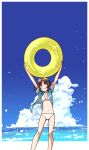  alternate_costume amagami arms_up bikini black_hair blue_sky breasts cloud commentary_request contrapposto day feet_out_of_frame grin guriko_(mossari) hawaiian_shirt highres holding holding_innertube innertube legs long_hair long_legs messy_hair navel ocean one_eye_closed open_clothes open_shirt ribbon shirt sky small_breasts smile solo standing swimsuit swimsuit_under_clothes tanamachi_kaoru white_bikini 