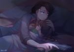  alice_williams bed_sheet black_hair blue_eyes brown_hair closed_eyes detroit:_become_human gun hand_on_another's_head handgun highres hug kara_(detroit) long_sleeves multiple_girls on_bed parted_lips pillow pin.s ponytail short_hair sleeping stuffed_toy weapon 