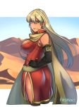  ass black_gloves blonde_hair breasts cloak cowboy_shot desert dress elbow_gloves fingerless_gloves fire_emblem fire_emblem:_fuuin_no_tsurugi gloves hand_on_hip igrene large_breasts lips long_hair looking_at_viewer looking_back mature mole mole_under_eye nagisa0 red_dress side_slit signature solo thighs yellow_eyes 