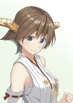  bare_shoulders blue_eyes brown_hair clenched_hand commentary detached_sleeves eyebrows_visible_through_hair hair_between_eyes headgear hiei_(kantai_collection) highres japanese_clothes kantai_collection looking_at_viewer negahami nontraditional_miko remodel_(kantai_collection) ribbon-trimmed_sleeves ribbon_trim sarashi short_hair solo 