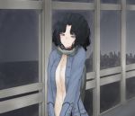  amagami black_hair cityscape closed_mouth commentary_request grey_eyes grey_sky hallway head_tilt highres indoors jacket light_smile long_hair looking_at_viewer messy_hair night open_clothes open_jacket ribbon_bangs scarf skyline smile solo tanamachi_kaoru touru_(thickbaumkuchen) v_arms window 