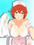  1girl ae-3803 ahoge blush bra breasts hat hatarauku_saibou lace lace_bra large_breasts leaning_forward looking_at_viewer nurse nurse_cap open_clothes open_shirt railing red_hair short_hair sweat towel underwear wet wet_clothes white_towel yellow_eyes 