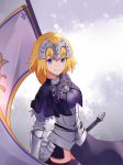  april_cho armor armored_dress bad_id bad_pixiv_id banner black_dress black_legwear blonde_hair blue_eyes blush chain cowboy_shot dress eyebrows_visible_through_hair fate/apocrypha fate_(series) from_side gauntlets hair_between_eyes highres jeanne_d'arc_(fate) jeanne_d'arc_(fate)_(all) long_hair looking_at_viewer smile solo standing sword thighhighs weapon 