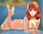  ass bangs barefoot blunt_bangs breasts butt_crack celica_(fire_emblem) collarbone curly_hair earrings feet feet_up fire_emblem fire_emblem_echoes:_mou_hitori_no_eiyuuou hairband highres jewelry lips long_legs looking_at_viewer lying medium_breasts neck_ring nipples nude on_stomach red_eyes red_hair short_hair soles solo sunbeam_(artist) the_pose thighlet 