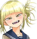  bangs blonde_hair blunt_bangs boku_no_hero_academia commentary cross_eyed double_bun evolvingmonkey eyebrows_visible_through_hair face fangs highres light_smile looking_at_viewer open_mouth school_uniform serafuku simple_background slit_pupils solo toga_himiko white_background yellow_eyes 