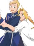  :d alphonse_elric alternate_costume amestris_military_uniform blonde_hair brothers cowboy_shot edward_elric floating_hair fullmetal_alchemist height_difference highres hug hug_from_behind long_sleeves looking_at_another looking_back male_focus military military_uniform multiple_boys open_mouth paper ponytail sakanachanman shirt short_hair siblings simple_background smile sweatdrop uniform upper_body white_background white_shirt yellow_eyes 
