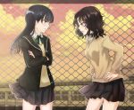  amagami ayatsuji_tsukasa black_hair black_skirt blazer bow cardigan chain-link_fence commentary_request cowboy_shot crossed_arms dusk face-to-face facing_another fence from_side glaring green_bow grey_eyes hands_on_hips highres himaneko jacket leaning_forward letterboxed long_hair looking_at_another messy_hair multiple_girls open_clothes open_jacket red_sky rooftop school school_uniform skirt sky tanamachi_kaoru wind 
