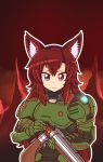  absurdres blush closed_mouth cosplay doom_(2016) doom_(game) doomguy doomguy_(cosplay) eyebrows_visible_through_hair gun highres holding holding_gun holding_weapon imaizumi_kagerou long_hair looking_at_viewer majormilk power_armor red_eyes red_hair shotgun shotgun_shells smile solo touhou upper_body weapon wool_(miwol)_(style) 