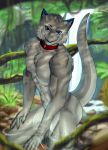  blue_eyes blue_fur chest_tuft claws collar curaaga cute_fangs dragon ear_tuft forest fur furred_dragon grey_fur looking_at_viewer male oasis open_mouth partially_submerged senky solo tree tuft water waterfall 