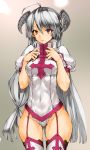  ahoge bangs commentary_request covered_navel cross grey_hair highres horns long_hair red_eyes short_sleeves solo thighhighs zutta 
