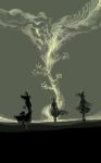  abstract animal_ears bunny_ears claws commentary dragon dress eico green hat highres limited_palette monochrome mononobe_no_futo multiple_girls silhouette soga_no_tojiko standing touhou toyosatomimi_no_miko 