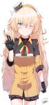  bike_shorts blonde_hair commentary cowboy_shot girls_frontline gloves green_eyes hairband highres long_hair looking_at_viewer one_eye_closed pleated_skirt s.a.t.8_(girls_frontline) shorts shorts_under_skirt signature simple_background skirt sleeves_rolled_up smile solo tosyeo v very_long_hair white_background 