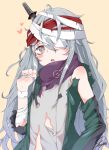  bandaged_arm bandaged_head bandages blush brown_eyes combat_knife commentary g11_(girls_frontline) girls_frontline grey_hair knife knife_in_head long_hair looking_at_viewer parted_lips signature simple_background solo torn_clothes tosyeo upper_body weapon 