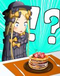  1girl abigail_williams_(fate/grand_order) absurdres bangs black_bow black_dress black_hat blonde_hair blue_eyes blueberry blush bow cherry commentary_request dress emphasis_lines fate/grand_order fate_(series) food forehead fork fruit hair_bow hat highres knife long_hair long_sleeves looking_away open_mouth orange_bow pancake parted_bangs plate polka_dot polka_dot_bow sanbe_futoshi sidelocks solo stack_of_pancakes strawberry very_long_hair wide-eyed 