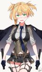  belt blonde_hair blue_gloves blush commentary covered_navel cowboy_shot dual_wielding girls_frontline gloves green_eyes gun highres holding jacket_on_shoulders microskirt necktie nose_blush short_twintails signature simple_background skirt solo tosyeo twintails v-shaped_eyebrows wavy_mouth weapon welrod_mk2 welrod_mk2_(girls_frontline) white_background 