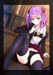  black_bra black_panties book bra cameltoe fate/grand_order fate_(series) finger_to_mouth hair_ribbon helena_blavatsky_(fate/grand_order) highres medallion off_shoulder open_clothes panties purple_eyes purple_hair ribbon saiki_rider school_uniform short_hair skirt skirt_lift solo thighhighs underwear 