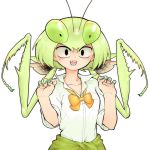  antennae black_eyes bow bowtie claw_pose clothes_around_waist collared_shirt commentary evolvingmonkey green_hair green_nails hands_up highres insect_girl looking_at_viewer mantis_akiyama nail_polish original praying_mantis school_uniform sharp_teeth shirt simple_background sleeves_rolled_up solo sweater_around_waist teeth twintails upper_body white_background 