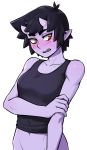  black_hair black_tank_top blush eyebrows_visible_through_hair groin highres horns ittla looking_away navel oni_horns open_mouth orange_eyes original pointy_ears purple_skin sharp_teeth short_hair slit_pupils solo sweatdrop tank_top teeth thick_eyebrows transparent_background ume_(ittla) upper_body 